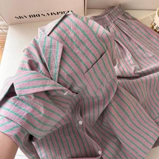 [Seckill trong thời gian có hạn] Áo len Cardigan Cotton đám mây phong cách phương Tây Bộ đồ ngủ nữ ngắn tay mùa hè Bộ đồ mặc nhà sọc màu tương phản đơn giản