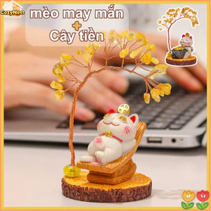 Set cây tài lộc thạch anh vàng + mèo may mắn resin – để bàn, quà khai trương, vừa ý nghĩa vừa đẹp