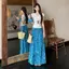 Váy ren sơn dầu hoa màu xanh dành cho nữ Mùa hè Phong cách mới thon gọn hơn Cổ chữ V tay ngắn