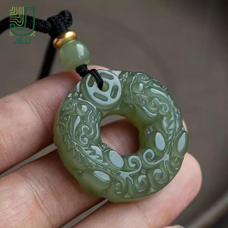 [J & U-T] Ngọc bích khắc hai mặt tinh tế Bule Brave Troops Móc khóa Chuyển tiền thủ công Mặt dây chuyền chạm khắc cổ điển Nelace