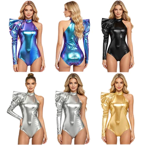Nyeemya Nữ Kim Loại Sáng Bóng Body Tay Phồng Kịch Tính Tay Dài Một Vai Mock Cổ Bất Đối Xứng Leotard Áo liền quần Cho Hộp Đêm