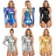 Nyeemya Nữ Kim Loại Sáng Bóng Body Tay Phồng Kịch Tính Tay Dài Một Vai Mock Cổ Bất Đối Xứng Leotard Áo liền quần Cho Hộp Đêm