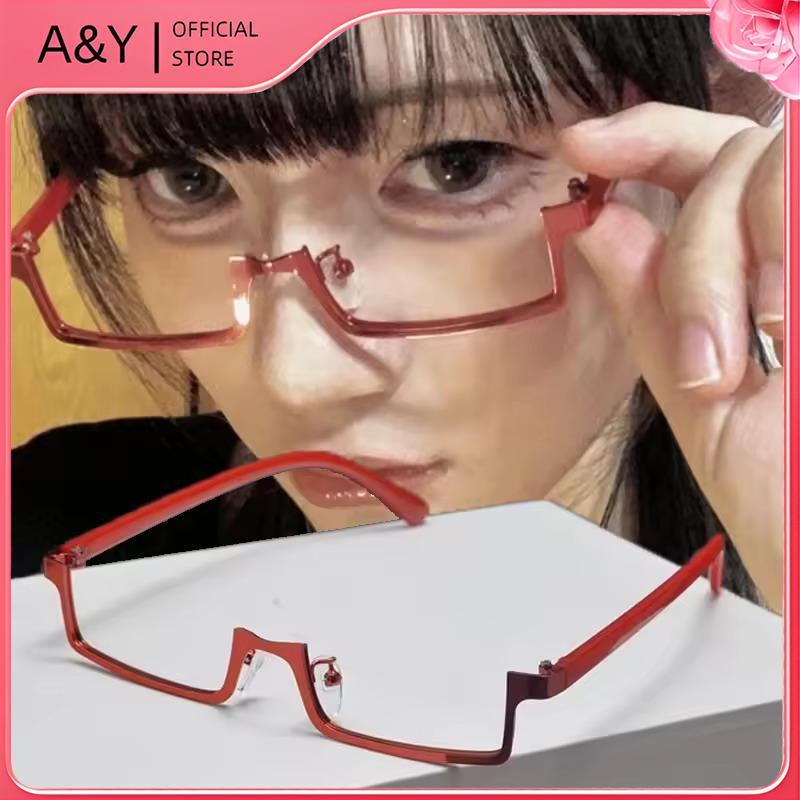 A & Y Y2K Anime Nhật Bản Khung Kính Cosplay Vuông Nhỏ Màu Đỏ Nửa Chiều Không Ống Kính Kính Kính Mắt Hình Chữ Nhật Kim Loại Thời Trang.