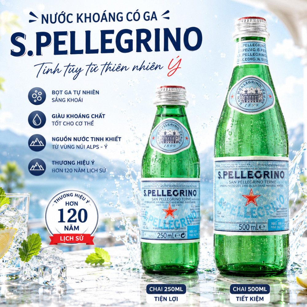 Nước Khoáng Có Ga S.Pellegrino Chai 250ml Và 500ml Cao Cấp Từ Ý, Giàu Khoáng Chất Sảng Khoái Tức Thì