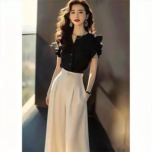 Phong cách trưởng thành nhẹ nhàng Mặc trọn bộ Áo sơ mi cổ chữ V xù nữ Áo sơ mi cổ chữ V phong cách Trung Quốc mới Bộ hai mảnh