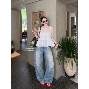 Set áo 2 dây babydoll ren bèo quần jeans gân mài