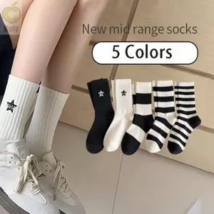 Tất dài trung bình ROLY, Tất thể thao Cotton cổ điển mùa xuân hè, Tất thêu cặp đôi thời trang đơn giản