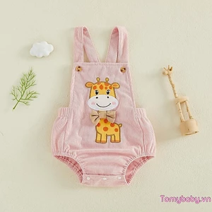 Bộ áo liền quần không tay cổ vuông thêu đính hươu cao cổ cho bé cho mùa hè