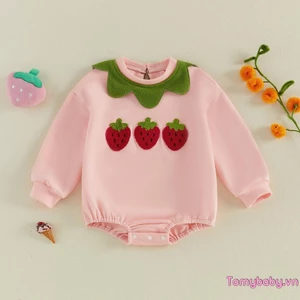 Bộ áo liền quần dài tay thêu cổ tròn cho bé gái dành cho hàng ngày