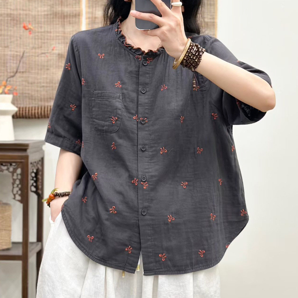 Áo Sơ Mi Nữ Cổ Nấm Tay Ngắn Chất Lượng Cao Sợi Cotton, Hoa Rời, Size Lớn
