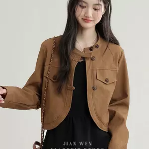 Jane Wen 2026 Xuân Thu Phong Cách Mới Retro Cổ Đứng Màu Nâu Áo Khoác Da PU Nữ Rời Ngắn Melade Áo Khoác Top