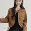 Jane Wen 2026 Xuân Thu Phong Cách Mới Retro Cổ Đứng Màu Nâu Áo Khoác Da PU Nữ Rời Ngắn Melade Áo Khoác Top