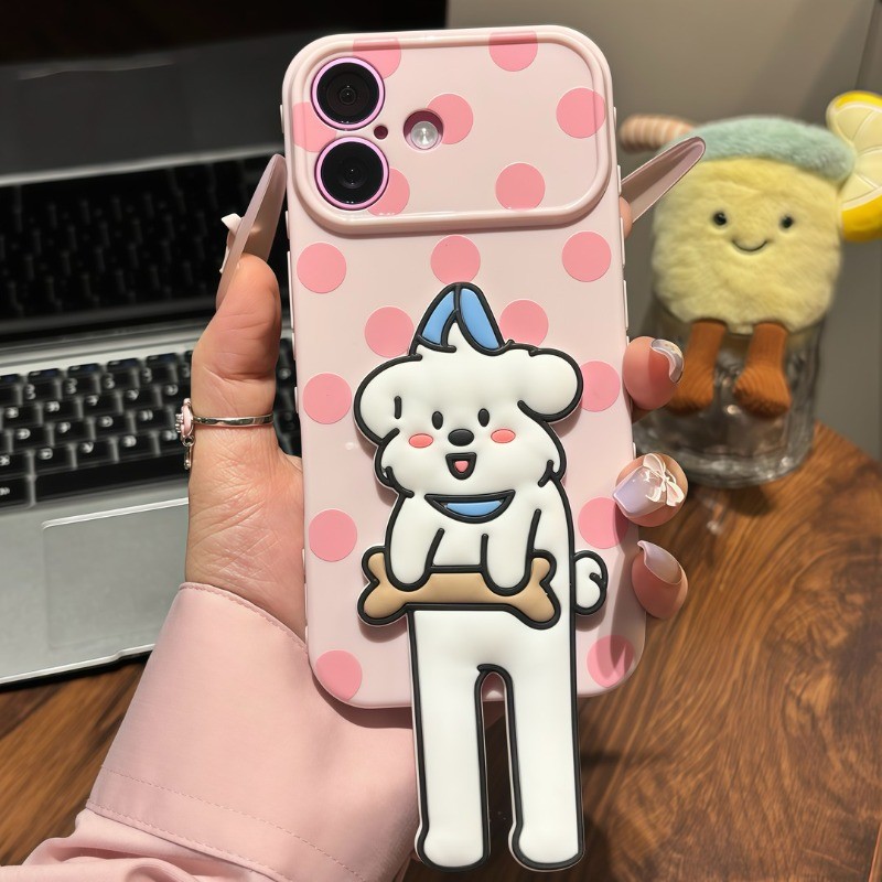 Ốp lưng iPhone hình mèo và cún chấm bi dễ thương kèm giá đỡ điện thoại iP - 11/12/13/14/15/16/17/Plus/Air/Pro/Max