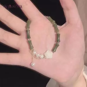 AqToCna Phong Cách Trung Hoa Ánh Sáng Sang Trọng Retro Xanh Tre Khớp Đính Hạt Vòng Tay Nữ Thời Trang Hoa Hồng Vòng Tay Trang Sức Quà Tặng AqToCna