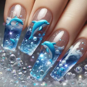 Miếng Làm Móng Tay Ngọt Ngào Dễ Thương Dreamy Ocean Blue Dolphin Dài Đeo Móng Tay (24 Miếng)