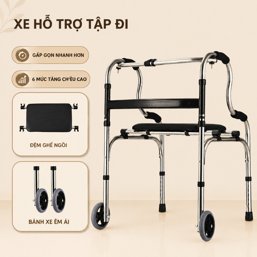 Khung tập đi cho người già có bánh xe🪑có ghế ngồi – khung inox chắc chắn phục hồi chức năng hiệu quả tại nhà