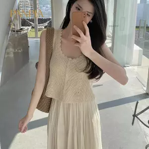 PNPIA- Áo Crop top dệt kim rỗng cổ điển mùa hè dành cho nữ màu trơn không tay