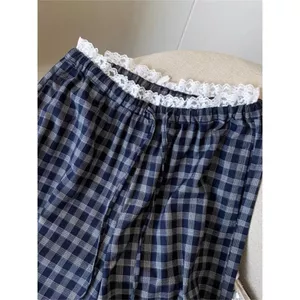 Quần ống rộng kẻ sọc ren nữ mùa hè phong cách Mỹ eo cao rộng Drap thẳng đi bộ thông thường Quần cong