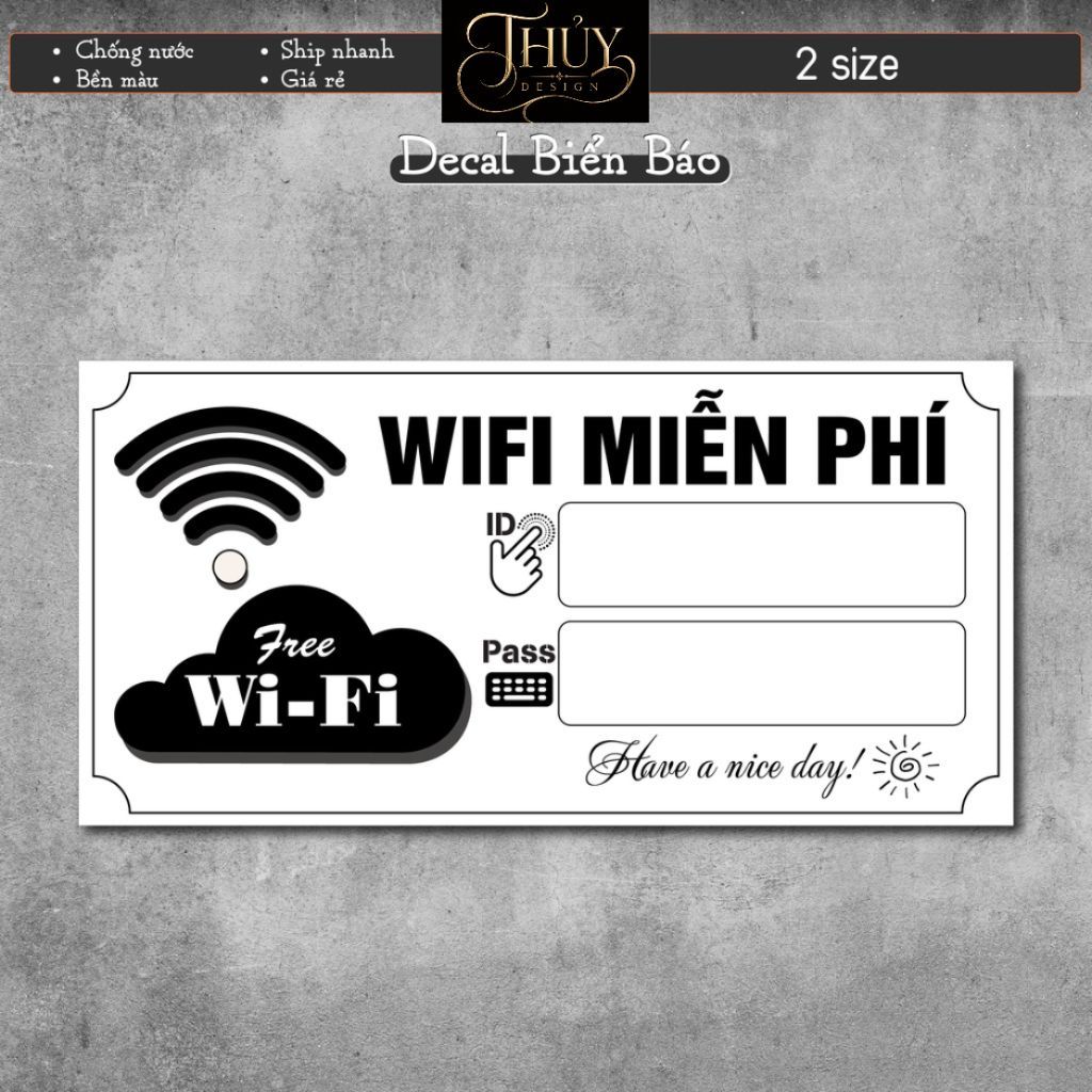 Decal Bóc Dán Biển Báo Wifi chống nước dán trang trí tường, dán quán trà sữa, cà phê, quán ăn