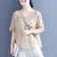 Vải Lanh Cotton Mỏng Top Nữ Phong Cách Dân Tộc Retro Ô Liu Nút Gỗ Hình Chữ Thập Thêu Rời Nửa Tay Áo Sơ Mi 5.26