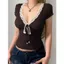 Milyfashion Pure Desire Cổ Chữ V Ren Khâu Màu Sắc Tương Phản Phối Ren Áo Thun Retro Mỏng Hơn Nhìn Ngắn Top Bé tee Ba Lê Phong Cách BQLM