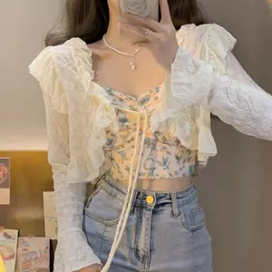 Áo Cardigan chống nắng mỏng bên ngoài dành cho nữ Ren Trumpet Tay ngắn Khăn choàng nhỏ phù hợp với mùa hè Váy đeo chéo siêu cổ tích
