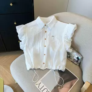 Nơ thêu cổ áo polo Fungus Edge Áo sơ mi tay bay nhỏ Thiết kế cảm giác Dây rút Áo không tay