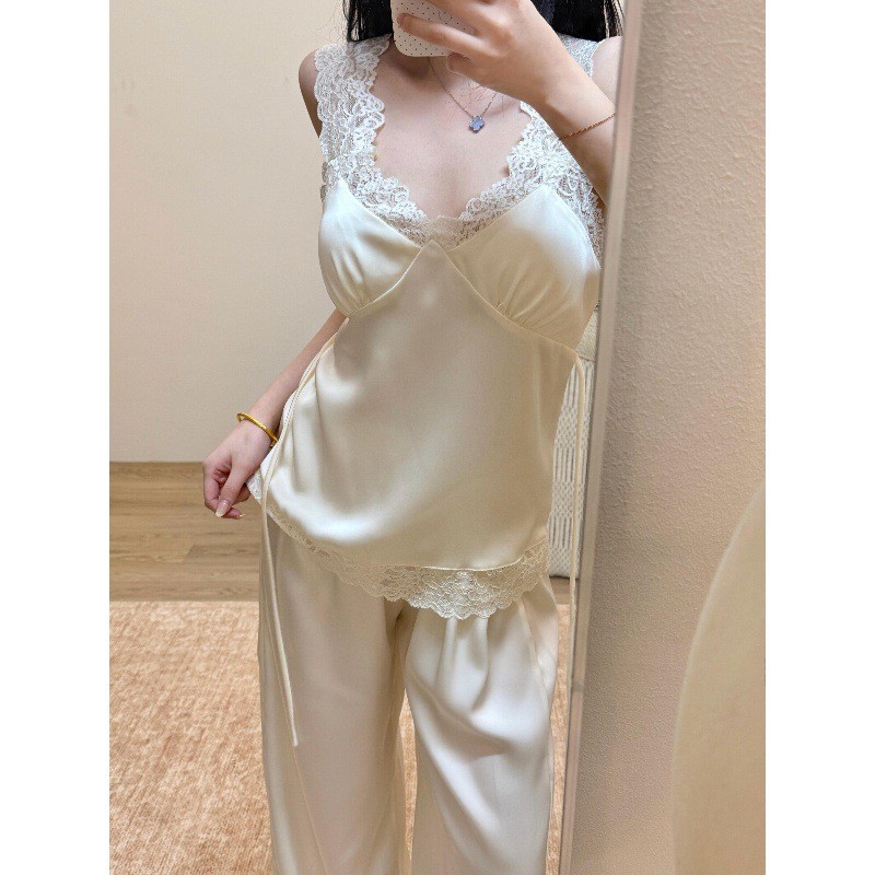 Đi kèm với Ngực Pad Bộ Đồ Ngủ Nữ Thoáng Mát Bên Trong Phong Cách Pháp Sling Satin Set Hàn Quốc Cao Cấp Pure Desire Home Có Thể Mặc Ngoài Quần Dài Nữ Tính Hẹn Hò Thoải Mái Mặc Mùa Hè Lười Ôm Hơn Nhìn Lụa Cảm Giác Một Mảnh