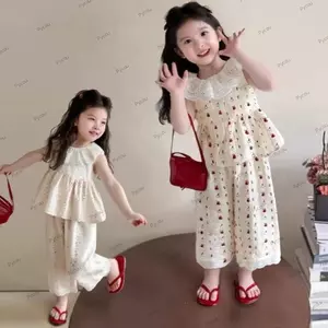 Bộ 2 Bộ Áo Và Quần PYCOU, Với Bộ Quần Áo Bé Gái Mỏng In Hoa, Phong Cách Hàn Quốc Không Tay Cổ Ren Trang Phục Thường Ngày Mùa Hè