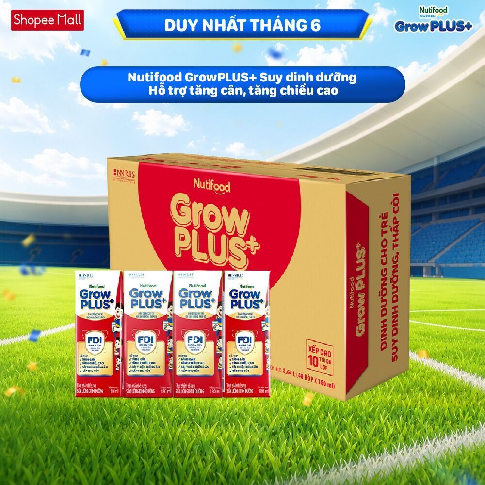 Thùng SBPS Nutifood GrowPLUS+ Đỏ (Suy Dinh Dưỡng) - Tăng Cân, Tăng Chiều Cao (48 Hộp x 180ml) (Bao bì tùy lô hàng)