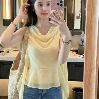 [Mặc nhỏ dễ thương] Ruy băng siêu cổ tích mùa hè 2026 Phong cách mới Nữ phiên bản Hàn Quốc Thời trang đơn giản Áo sơ mi voan không tay màu vàng tươi tinh tế