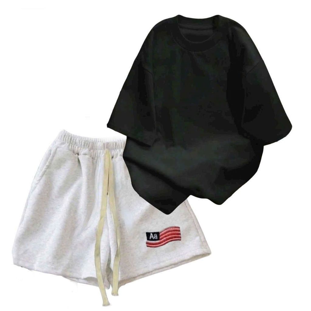 sét bộ nữ quần đùi cộc màu XÁM TIÊU cờ mỹ  AAA  dáng ngắn dây bản to  + mix phông trơn COTTON MÁT-thoitrangthubio