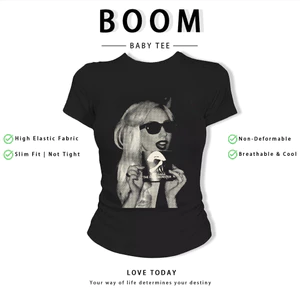 BOOM Áo Baby Tee Nữ Cotton Ôm Body-Áo Thun Ngắn Tay Y2K In Hình PhongCách Mùa Hè, Cổ Tròn Hàng Đầucách hàn quốc phong003