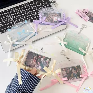 Tấm bảo vệ thẻ ảnh BRBRAA, có nơ ruy băng & móc khóa PVC 3 inch Photocard, Quà tặng trưng bày thẻ thần tượng Kpop chống nước trong suốt INS