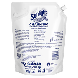 Nước Rửa Chén Bát Sunlight Chanh 100 | Sạch Dầu Mỡ Đồ Nhựa | Túi 3.5KG/3.1Kg