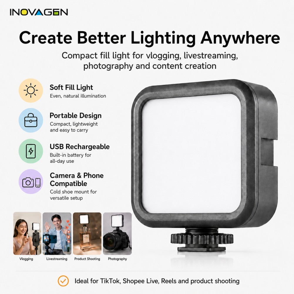 INOVAGEN Mini LED Fill Light 6500K Camera Di Động Đèn Video Cho Vlog TikTok Phát Trực Tiếp Chụp Ảnh Điện Thoại DSLR