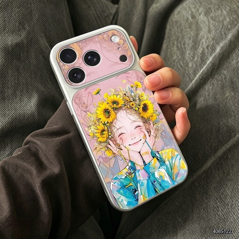 Ốp lưng cô gái vòng hoa hướng dương hồng phấn, chống sốc xinh hot cho nữ Camera Cấp iPhone 17/16/15/14/13/12/11/X/XS M