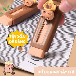 Gôm tẩy bút chì Capybara dạng kéo đẩy gắn charm hoạt hình dễ thương cho học sinh xóa sạch không vụn