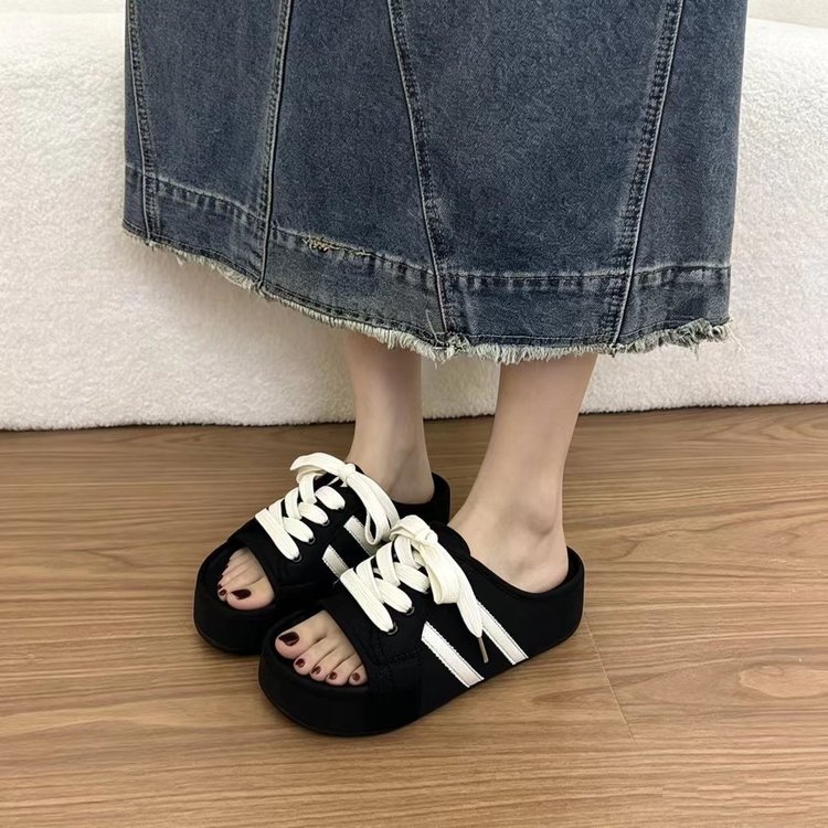 Mùa Hè Phong Cách Hàn Quốc Niche Mũi Tròn Đế Dày Mặc Bên Ngoài Dép PU Nữ Nâng Cao Chống Trơn Trượt Thoải Mái