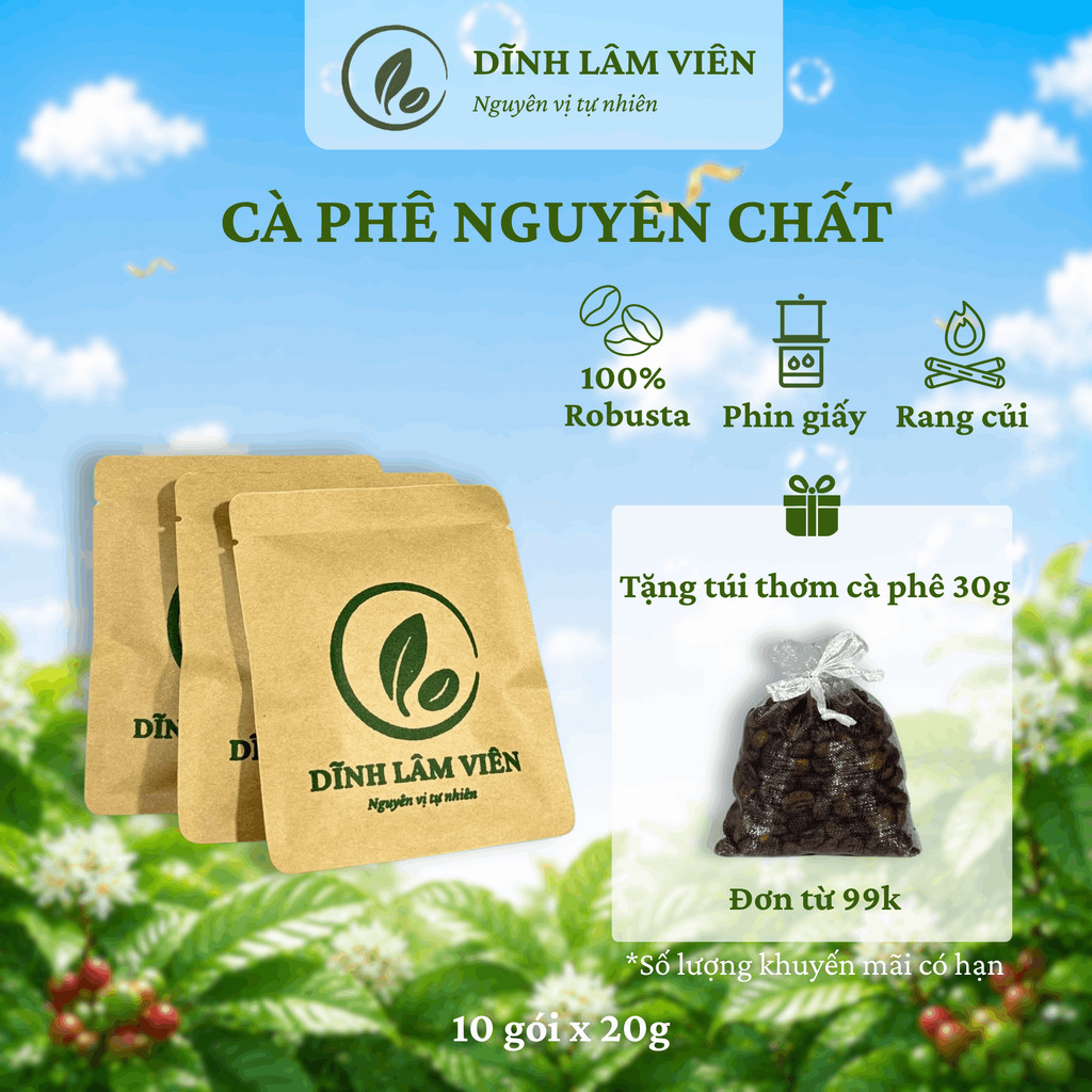 Cà phê Robusta Gia Lai phin giấy rang củi nguyên chất 10 gói x 20g | Dĩnh Lâm Viên