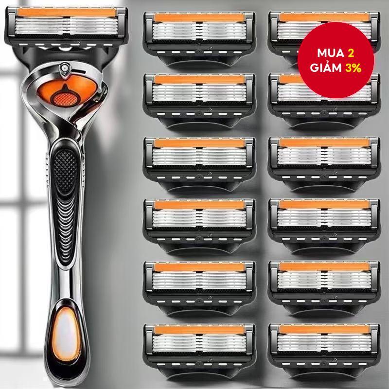  Dao cạo thủ công 5 lớp inox chất lượng cao với 4 đầu lưỡi thay thế, tay cầm và đầu lưỡi phổ thông.