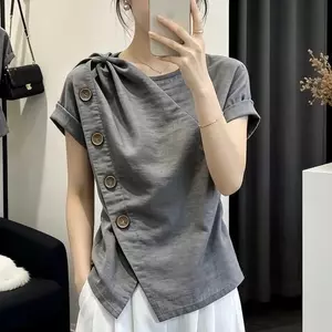 Thiết kế kích thước lớn Áo sơ mi ngắn tay không đều dành cho nữ mùa hè béo mm Slimer Look Grey Top