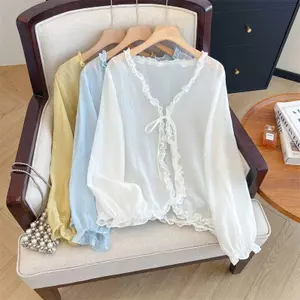 Áo sơ mi chống nắng cỡ lớn Mùa hè kiểu Pháp Phong cách cổ điển Nấm viền có dây Áo sơ mi điều hòa không khí hàng đầu