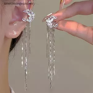 VFZ Thời Trang Sáng Bóng Zircon Mặt Trăng Ngôi Sao Dài sel Kẹp Tai Không Xuyên Bông Tai Thiết Kế Hợp Thời Trang Sang Trọng Nữ Vòng Đeo Tai Dự Tiệc Trang Sức OTE