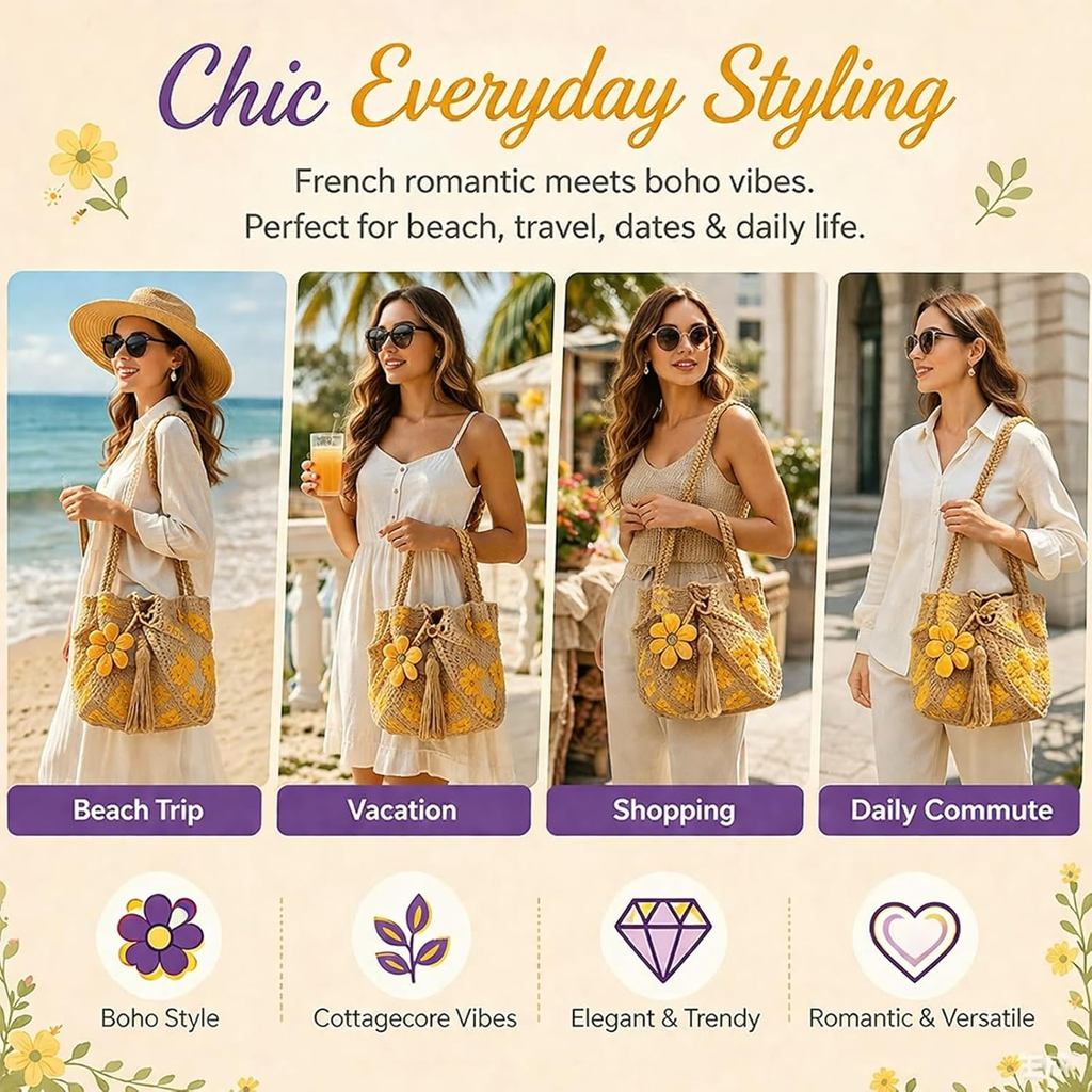 2026 Handmade Móc Hoa Tote Đan Hoa Ví Túi Boho Đi Biển Túi Xách Đeo Ngang Túi Đeo Vai Cho Nữ Kỳ Nghỉ