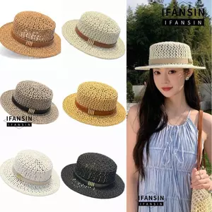 Mũ rơm che nắng IFANSIN, Mũ rơm rộng vành nhẹ rỗng, Phong cách cổ điển Tay nghề thủ công tinh tế Mũ rơm phẳng đi biển kỳ nghỉ
