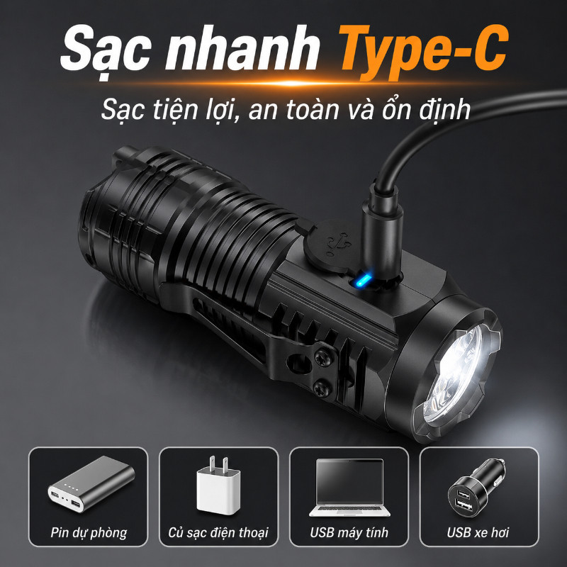 Đèn Pin Mini Cầm Tay Siêu Sáng, Chống Nước, Nhiều Chế Độ Chiếu Xa, Sạc Được Tiện Lợi Khi Du Lịch Ngoài Trời