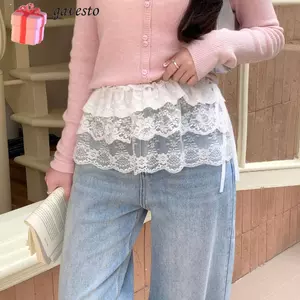GAVESTO Ren Xù Váy, Harajuku Y2K Dạo Phố Ren Lớp Gạc, Xuyên Qua Thêu Hoa Xếp Ly Váy Trang Trí Quần Jean