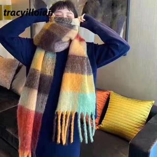 Khăn Cashmere TRACELIOIAN, Khăn quàng cổ dày ấm áp cổ bốn màu đa năng, Khăn choàng kẻ sọc mùa đông dài 2023 dày hơn cho nữ phong cách Hàn Quốc