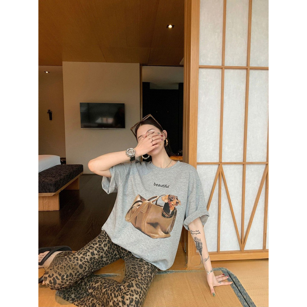 Milyfashion Phong Cách Hàn Quốc Puppy In Hình Vai Chính Hãng Rời Áo Thun Tay Ngắn Mùa Hè Phong Cách Mới Lười Tất Cả Trận Đấu Cotton Nguyên Chất Top oversize 76IS
